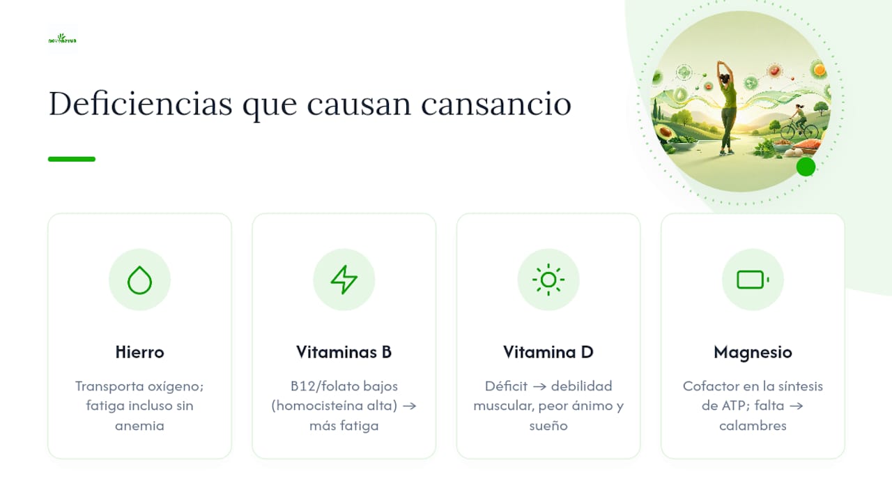 Esquema sobre cómo la falta de nutrientes puede provocar cansancio y fatiga