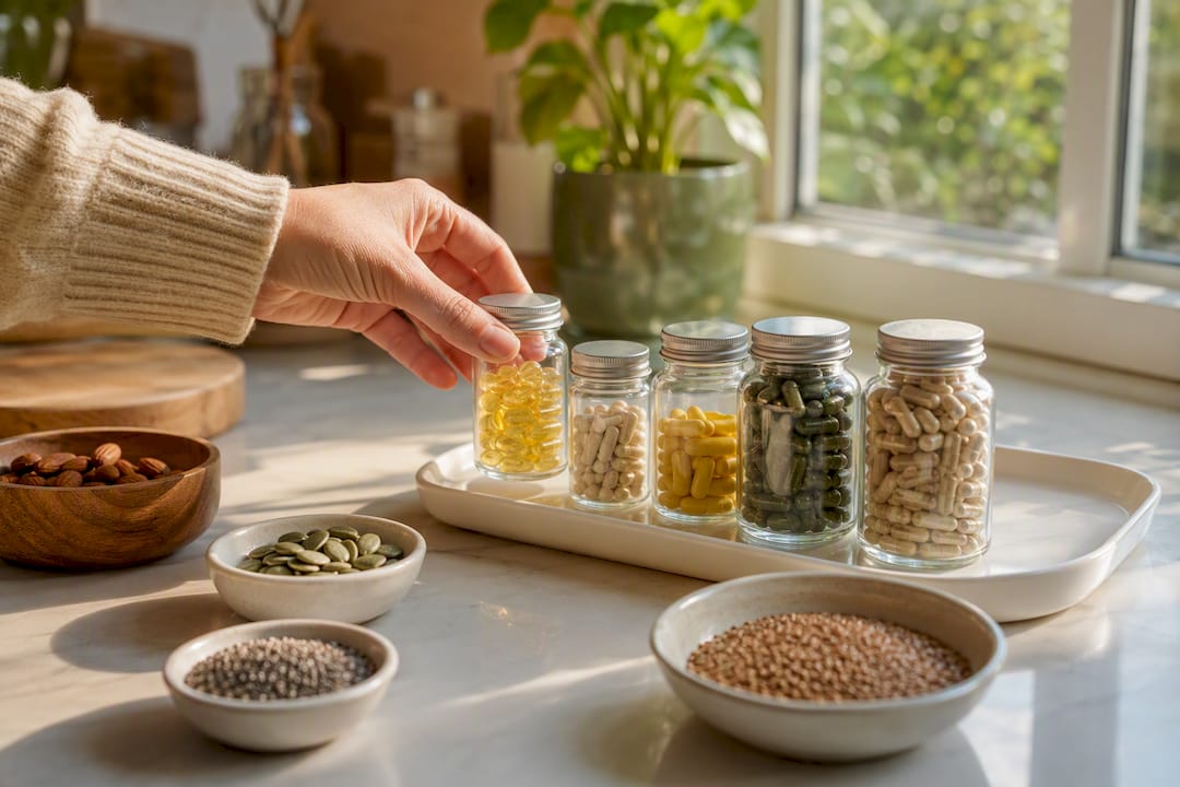 Diversos suplementos veganos y alimentos naturales sobre la encimera