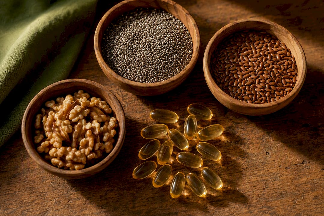 Semillas de lino, semillas de chía, nueces y cápsulas de omega-3
