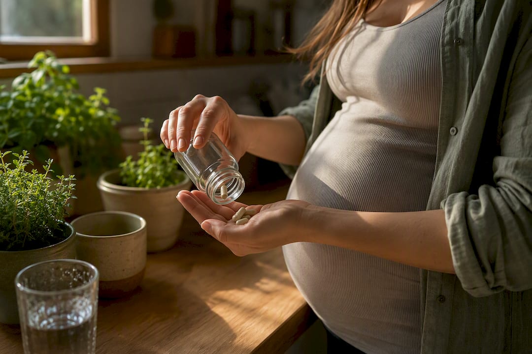 Manos de mujer embarazada vertiendo suplementos veganos