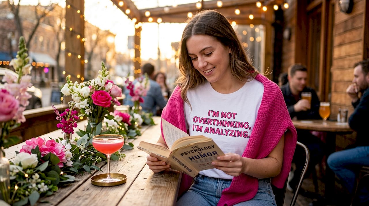 Woman reading about humor psychology wearing funny shirt