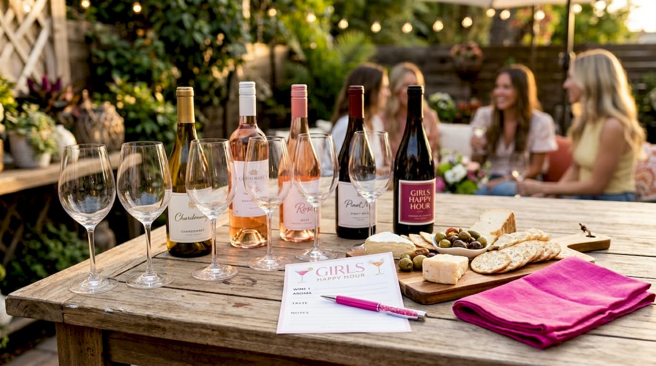 Wine tasting station with glassware and cheeses
