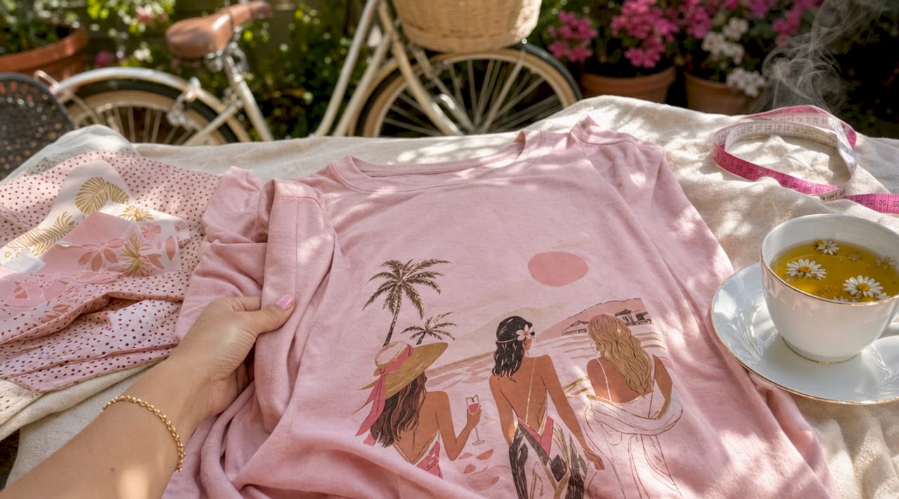 Close-up of funny girls trip shirt on wooden table