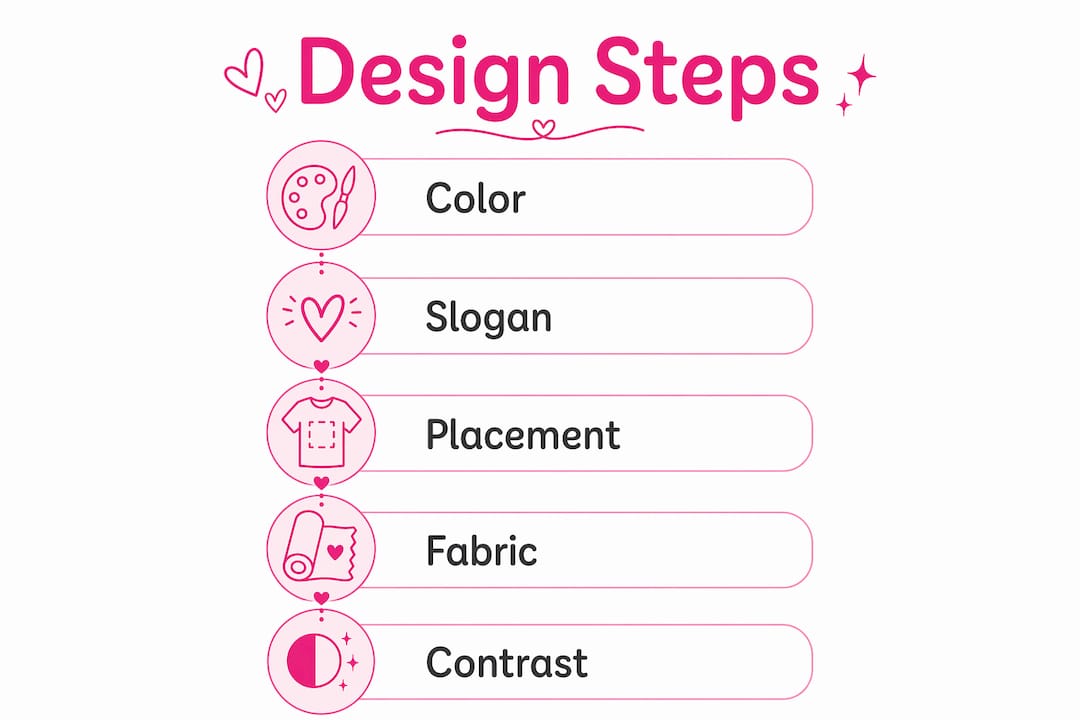 Infographic showing five design steps for group outing shirts