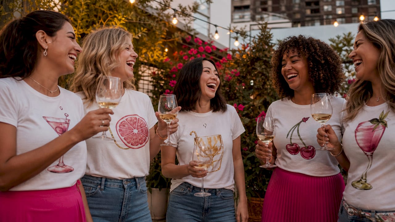Women socializing on rooftop wearing wine pun shirts