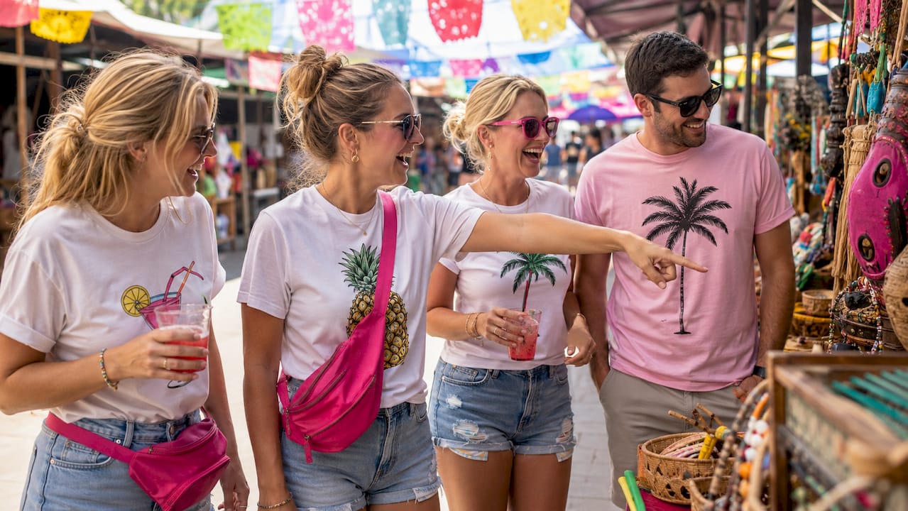 Friends socializing at café wearing funny vacation shirts