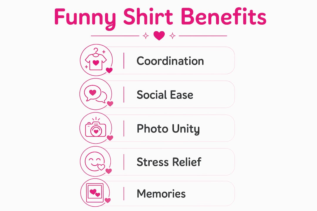 Infographic illustrating key benefits of funny shirts on group trips