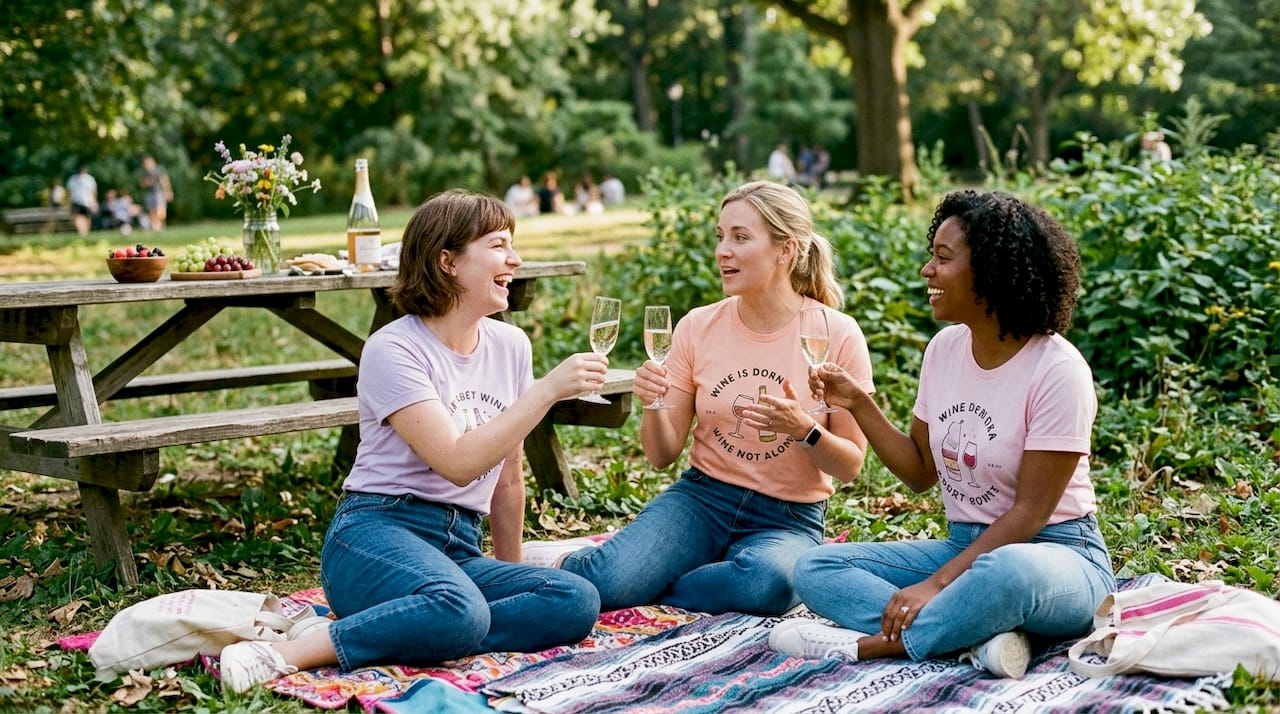 Women at outdoor cafe wearing funny wine night shirts