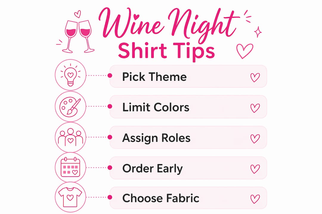 Infographic showing wine night shirt design and ordering tips