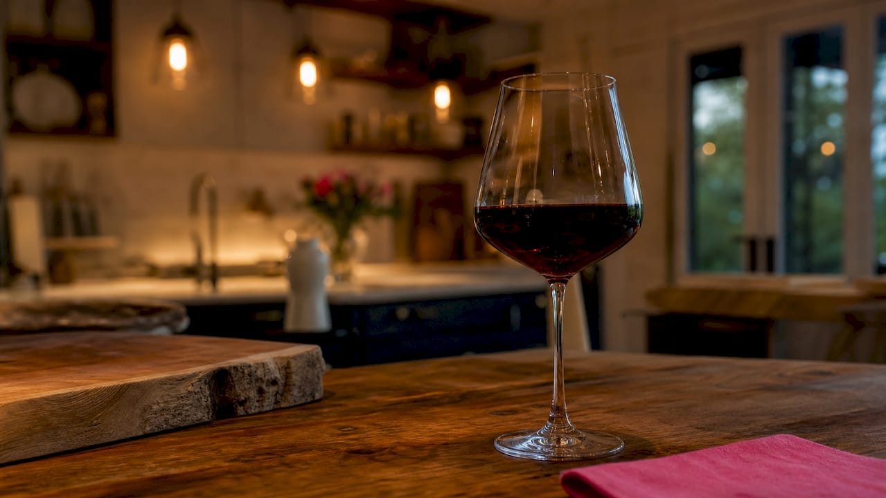 Tall Bordeaux glass with red wine close-up