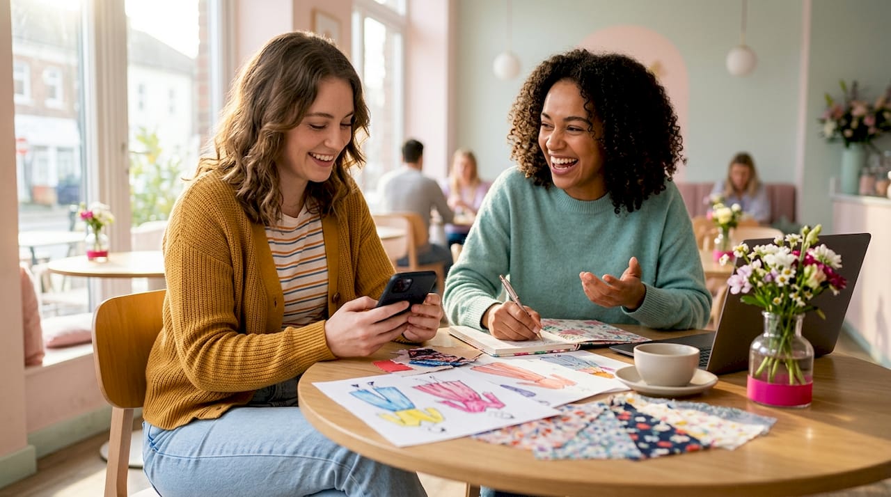 Two women planning matching travel shirts with catalogs and notes