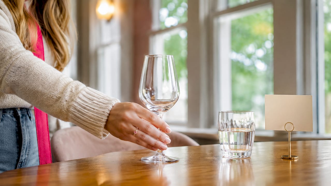 Close-up of wine glass being placed on tasting table