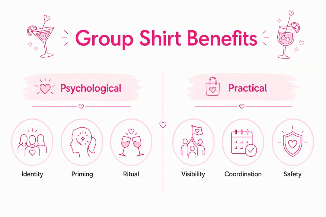 Infographic showing psychological and practical group shirt benefits