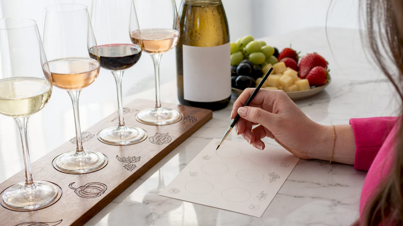 Close-up of blind wine tasting scoring setup