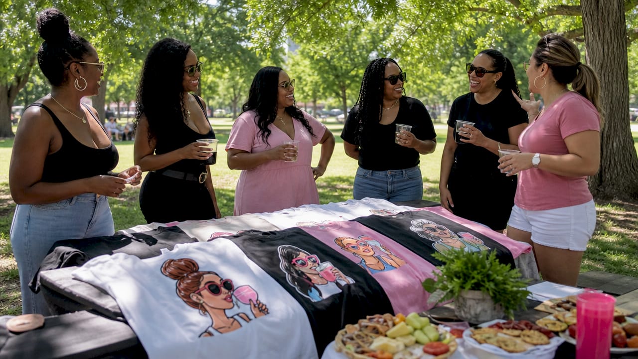 Close-up overhead view of colorful funny squad shirts