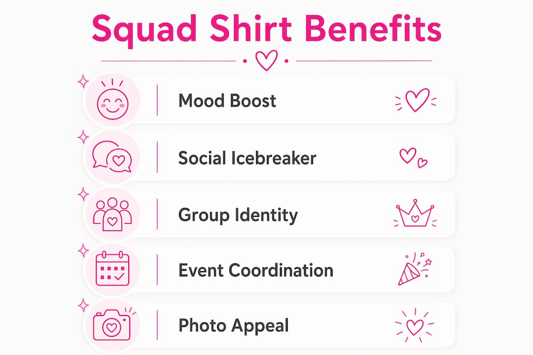 Infographic illustrating psychological and social benefits of funny squad shirts