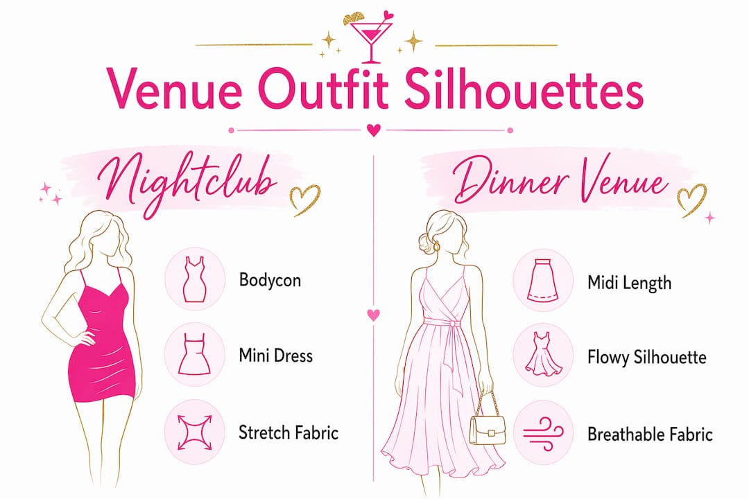 Infographic comparing outfit silhouettes for nightclub versus dinner venues