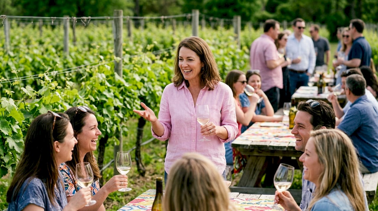 Female host telling wine-related joke at event