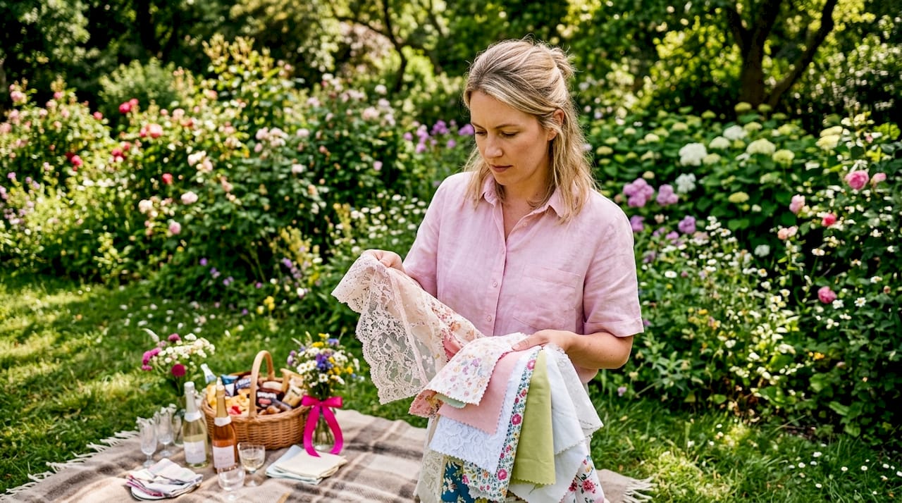 Woman examining fabric swatches in cafe setting