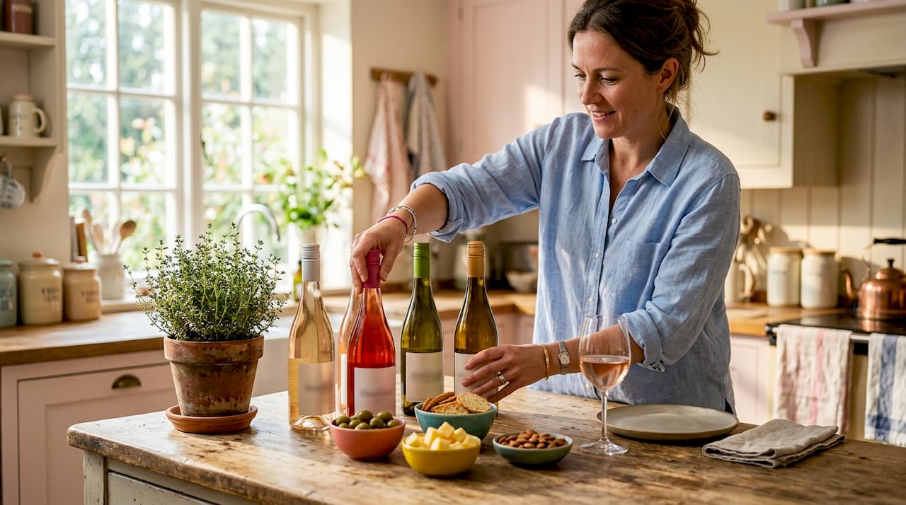 Hands arranging wine bottles and snacks