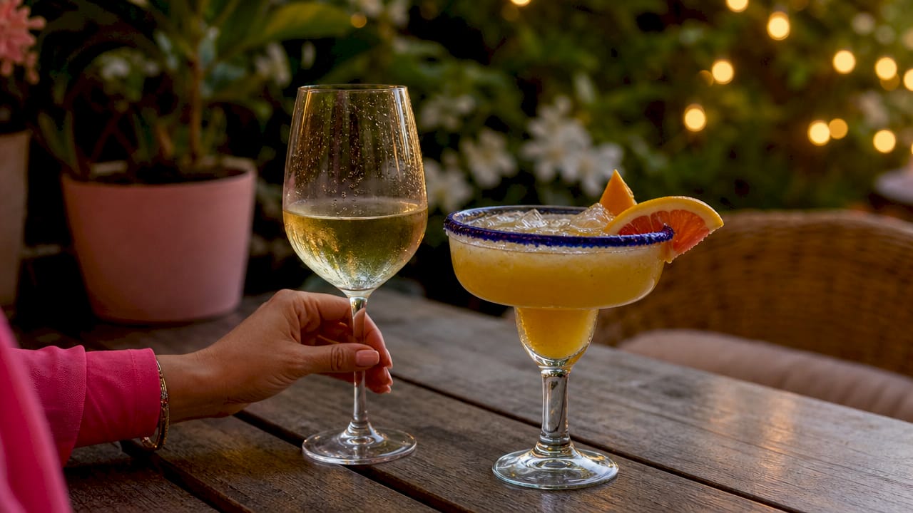 Side-by-side wine and cocktail glasses on bar table