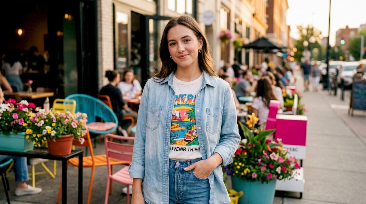 Young woman stylishly wearing souvenir shirt indoors