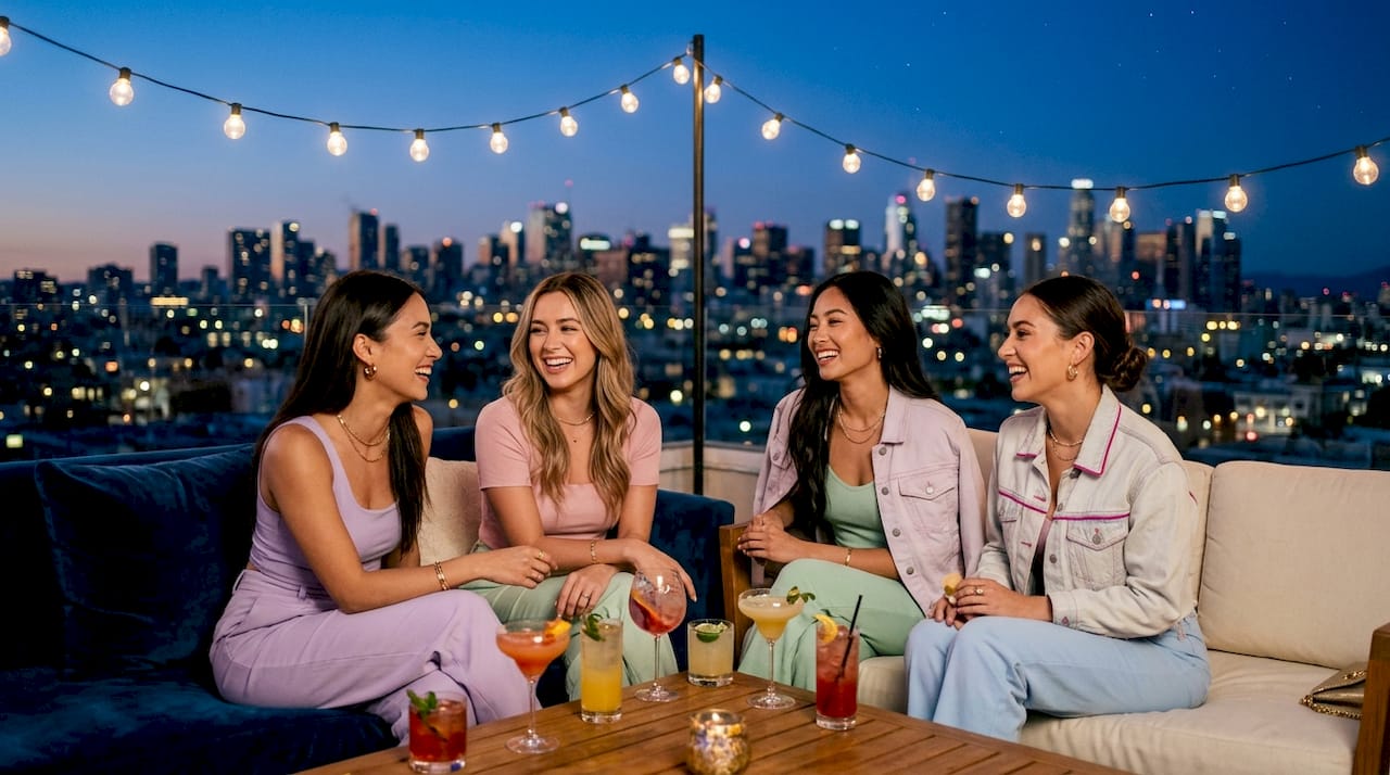 Confident friends in coordinated outfits outdoors
