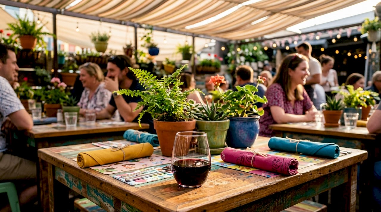 Hands setting stemless glass on outdoor table