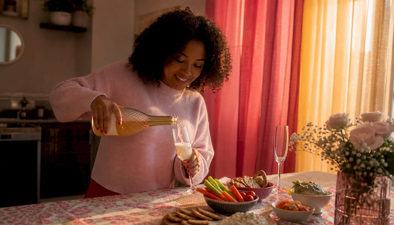 Pouring sparkling wine with salty snacks