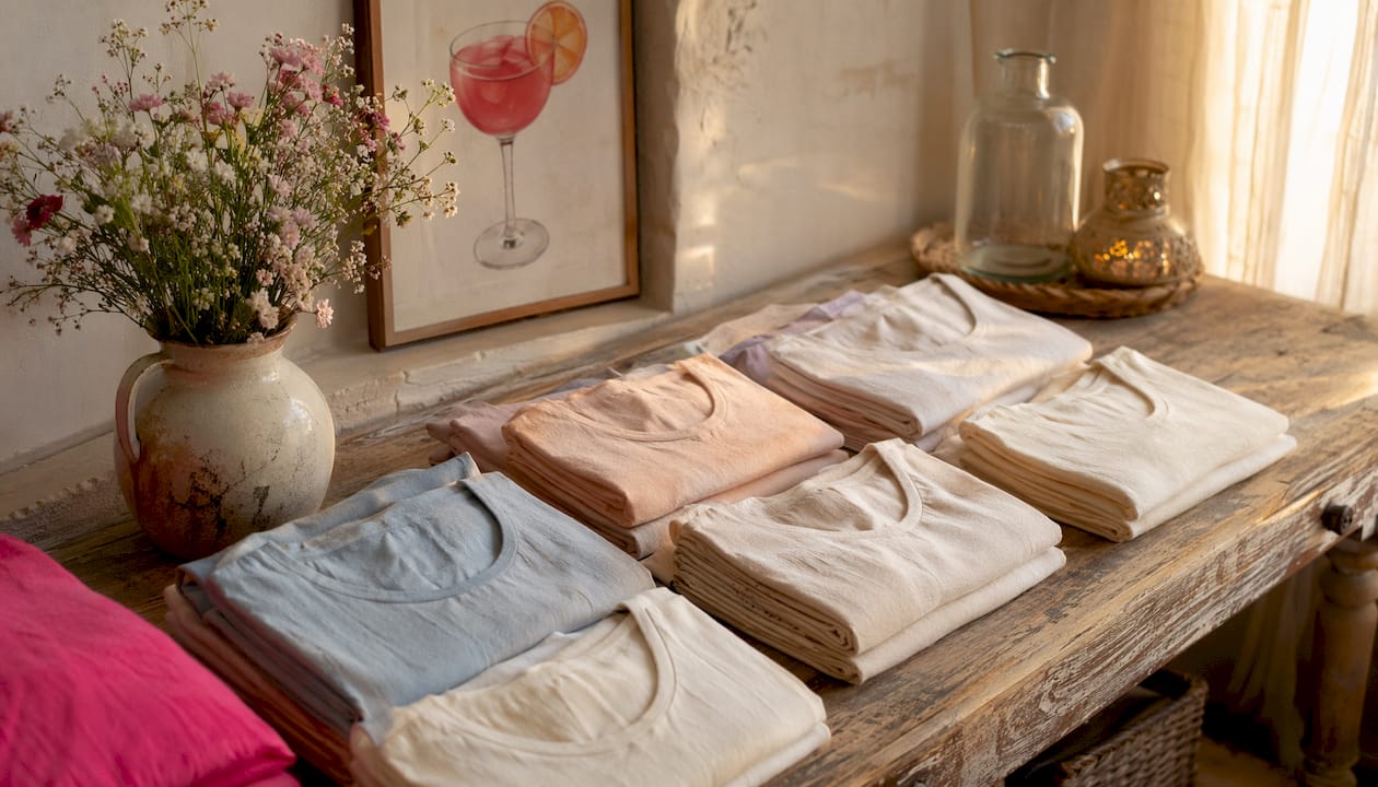 Folded unisex wifey shirts in soft tones on table