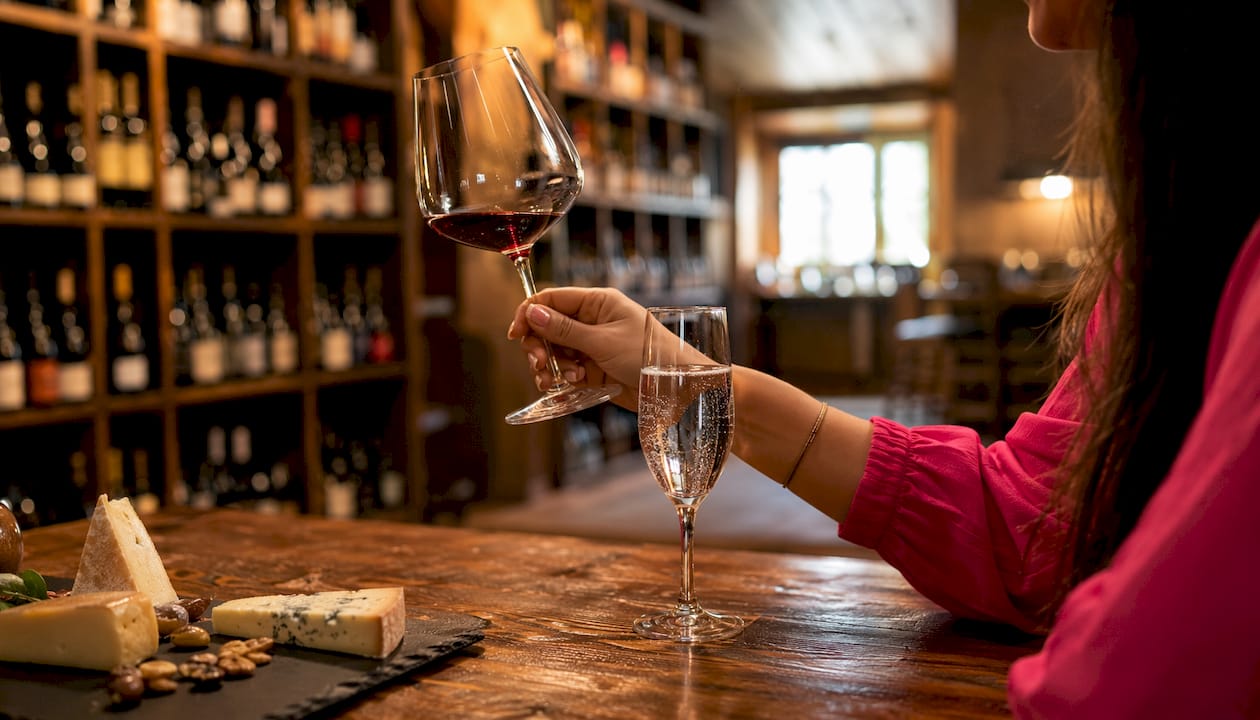 Hands holding wine glass for tasting