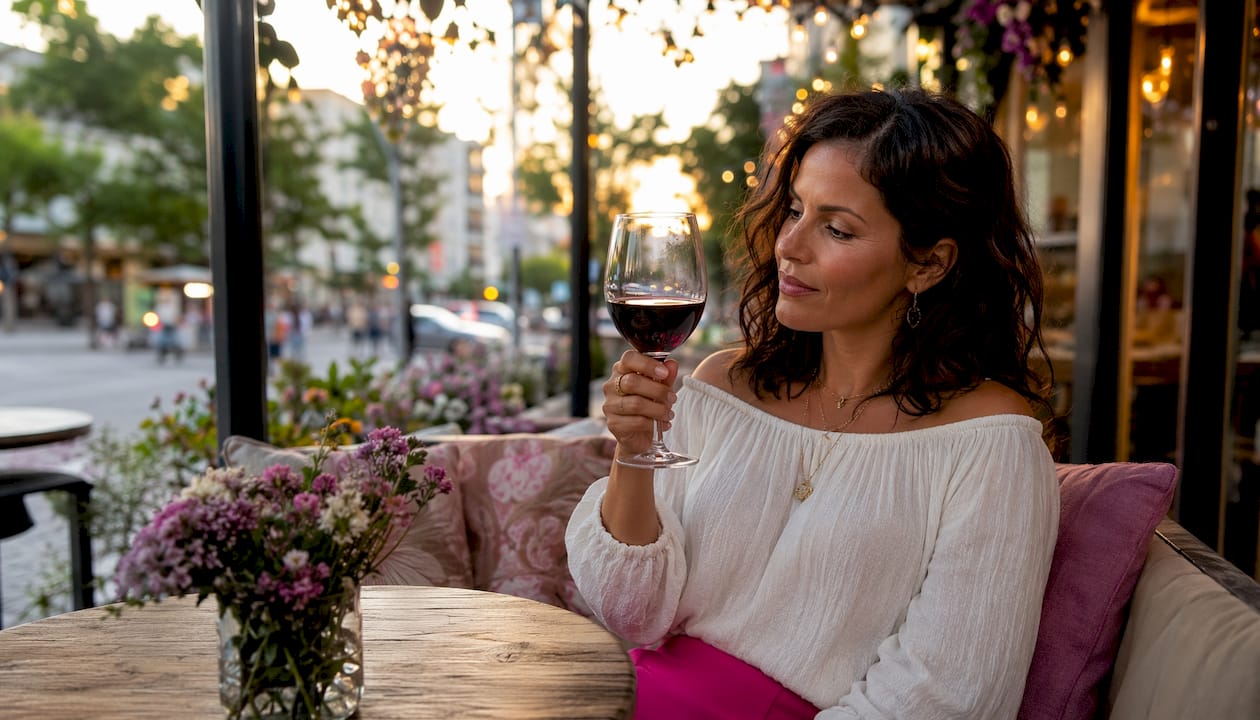Woman swirling wine glass at home