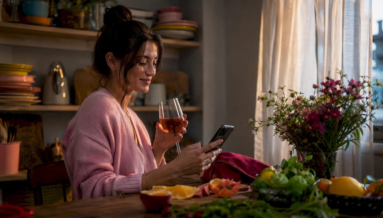 Young woman sipping rosé at café
