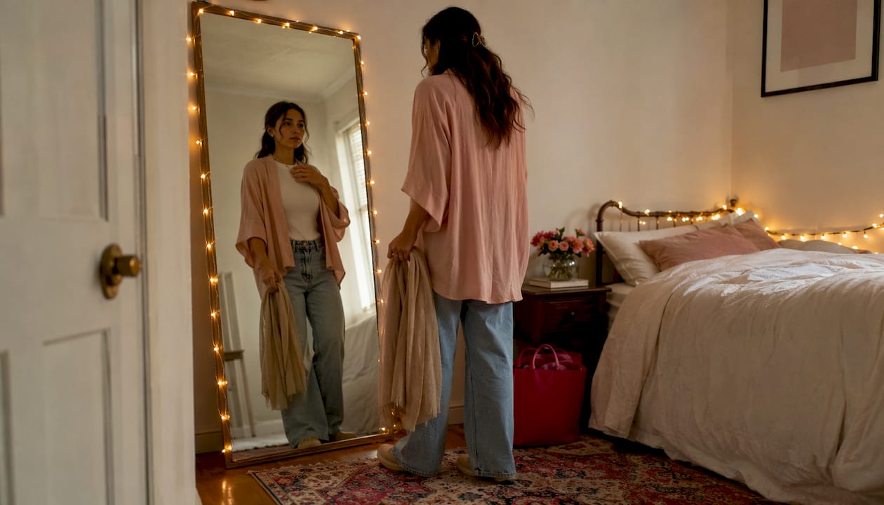 Woman layering different textures outfit