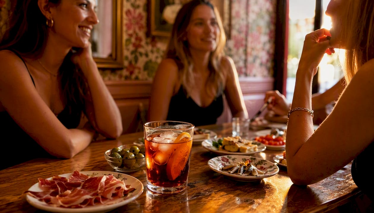 Glass of vermouth and tapas spread