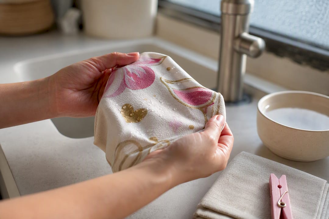 Hands checking ink on washed fabric