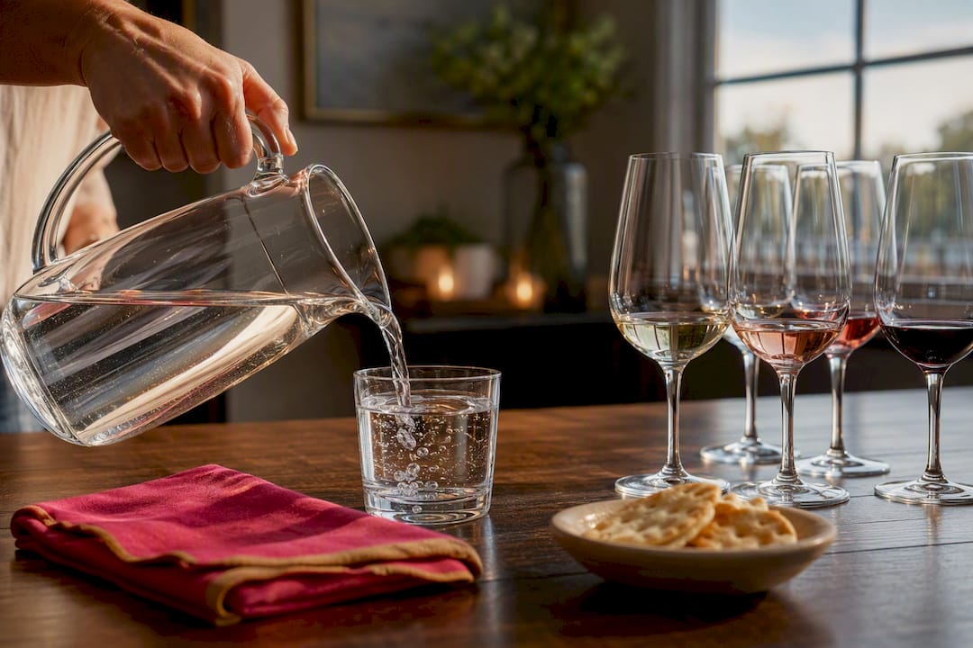 Water pitcher beside small wine tasting glasses