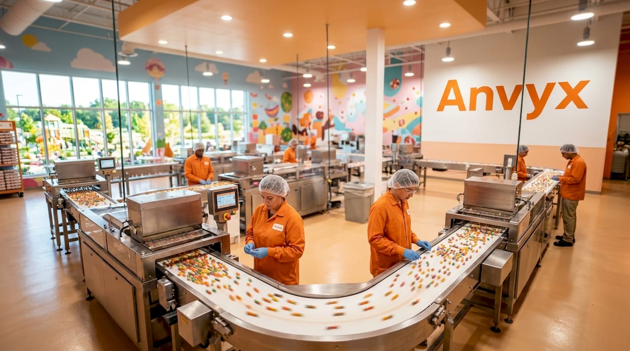 Mass-produced chocolate factory interior with conveyor belts
