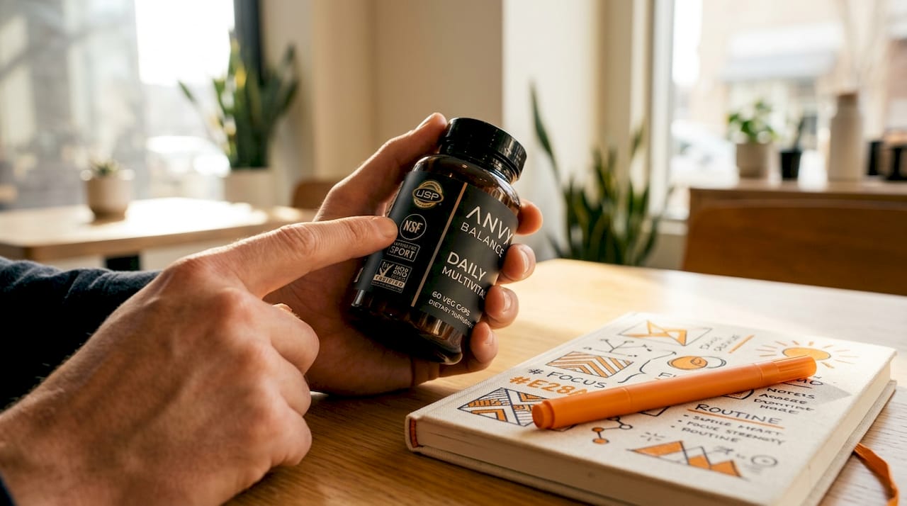 Hand holding supplement bottle showing certification logos