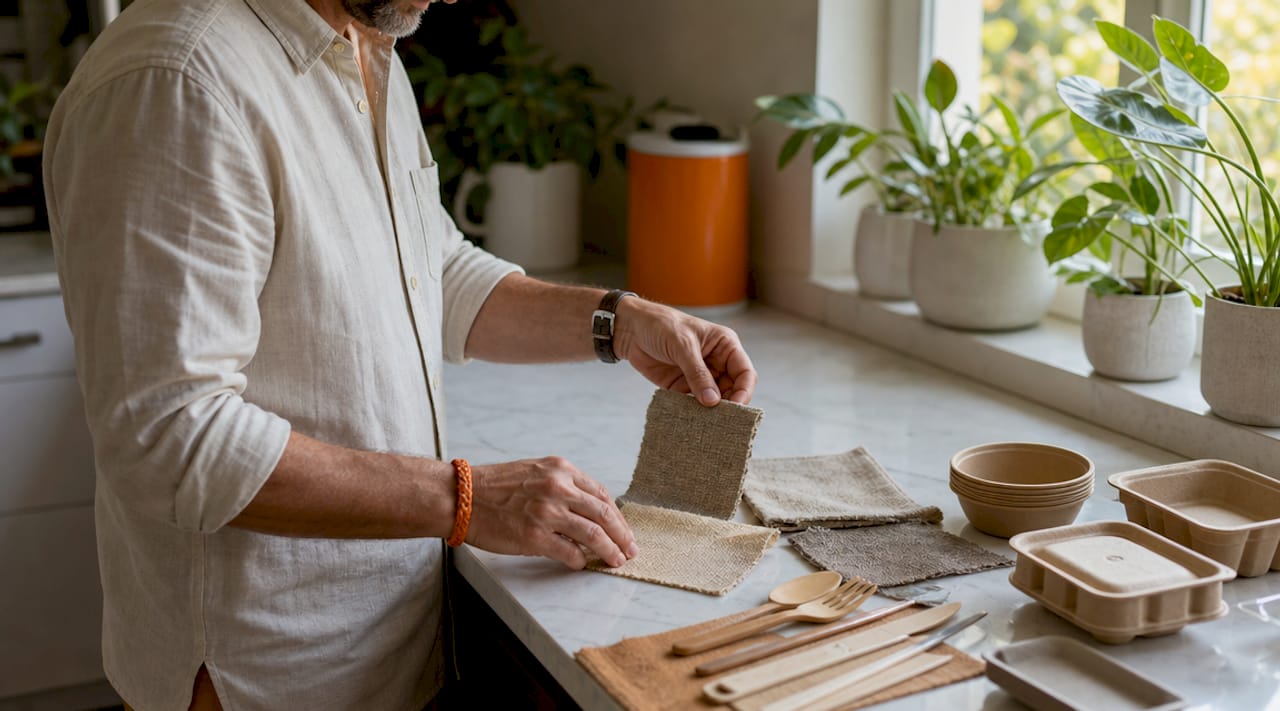 Hands arranging sustainable material samples on desk