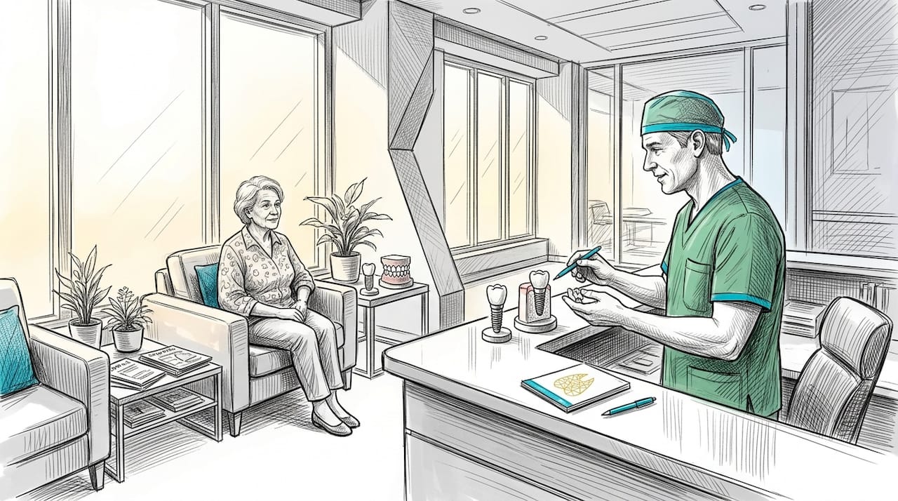 The dentist takes the time to clearly explain the various options for dental implants to the patient. He discusses the advantages and disadvantages of each implant type and answers all questions so that the patient can make a well-informed decision.