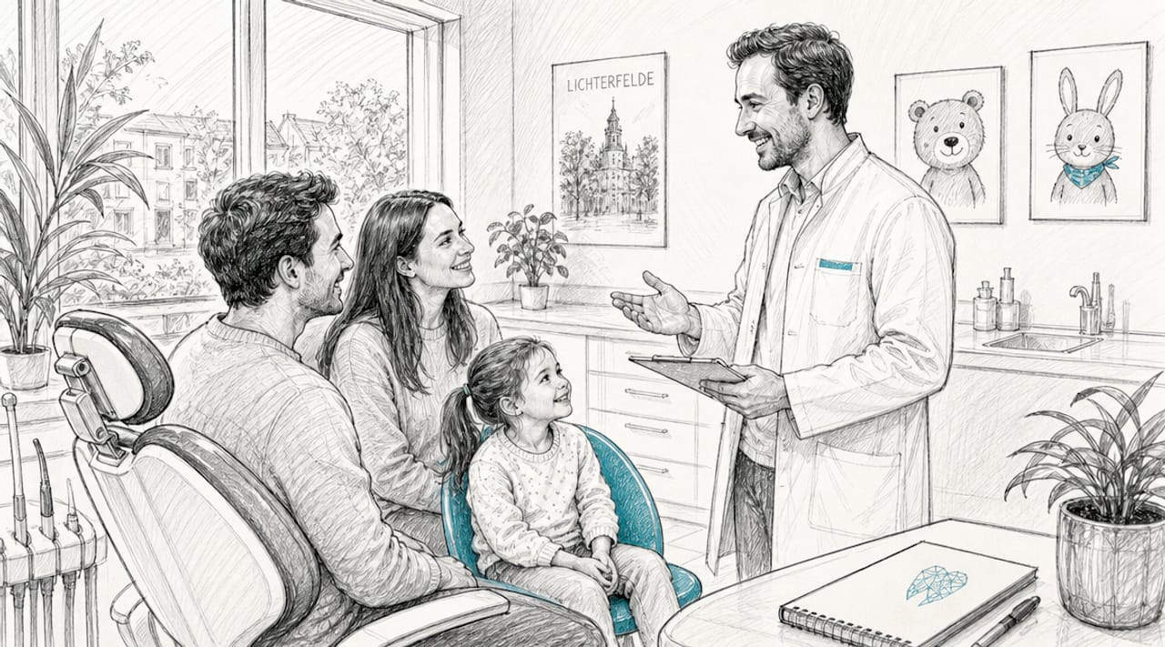 Eine Familie sitzt gemeinsam mit dem Zahnarzt im Behandlungsraum.