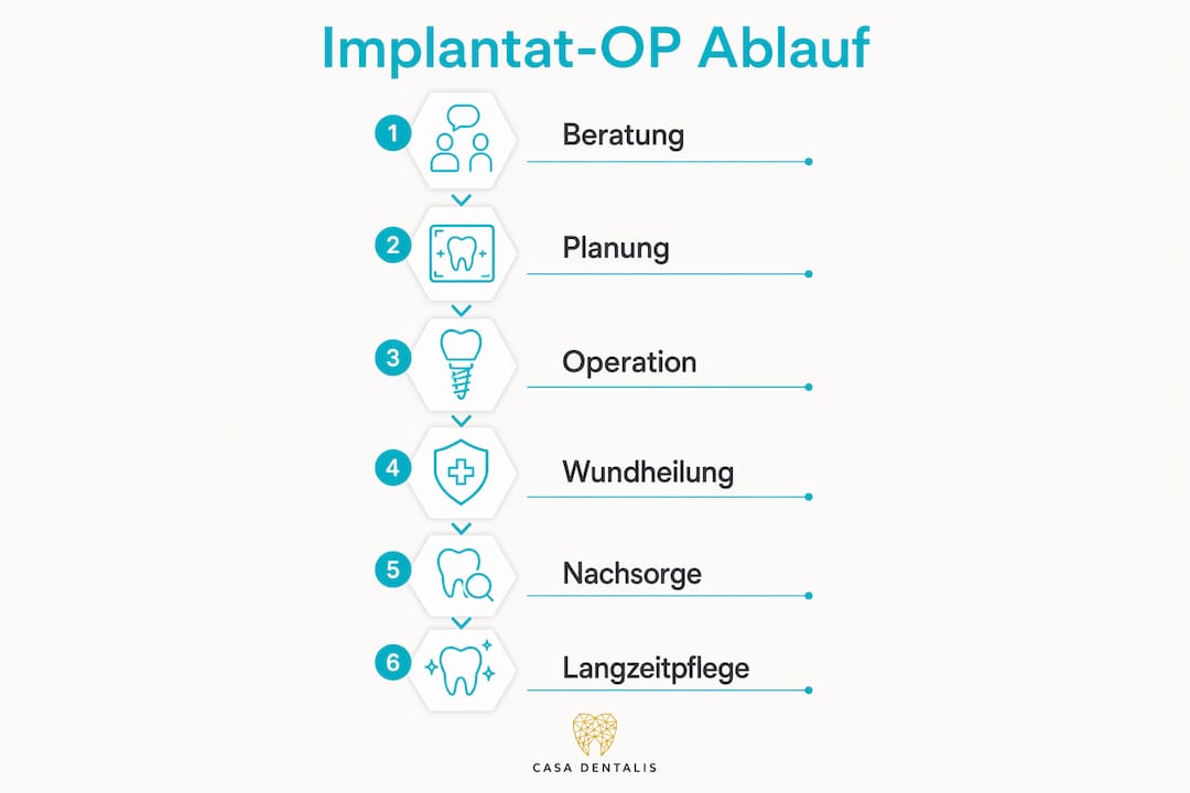 Die Infografik veranschaulicht Schritt für Schritt, wie eine Implantatoperation abläuft.