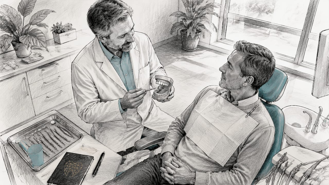 Der Zahnarzt bespricht mit seinem Patienten die geplante Behandlung und erklärt alle notwendigen Schritte.