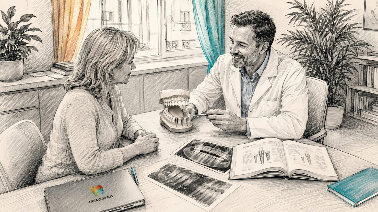 Der Zahnarzt erläutert dem Patienten ausführlich den Ablauf einer Implantatbehandlung.
