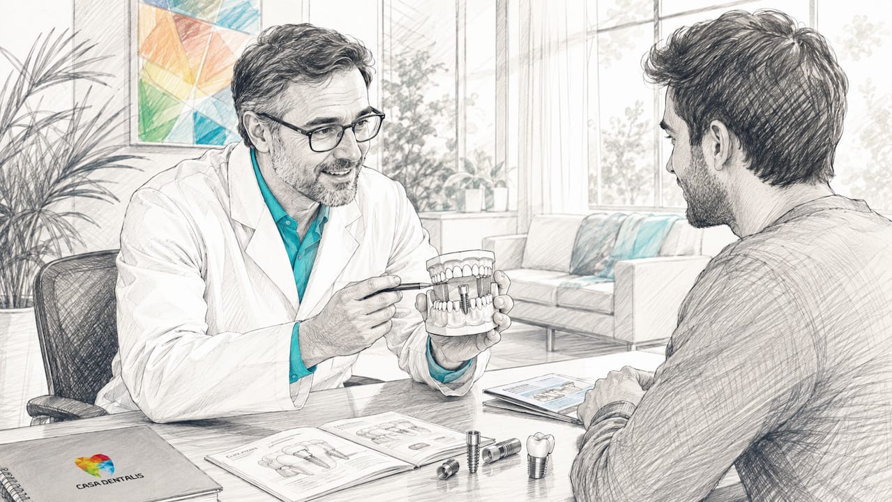 Eine Zahnärztin informiert einen älteren Patienten ausführlich über Zahnimplantate und beantwortet seine Fragen.