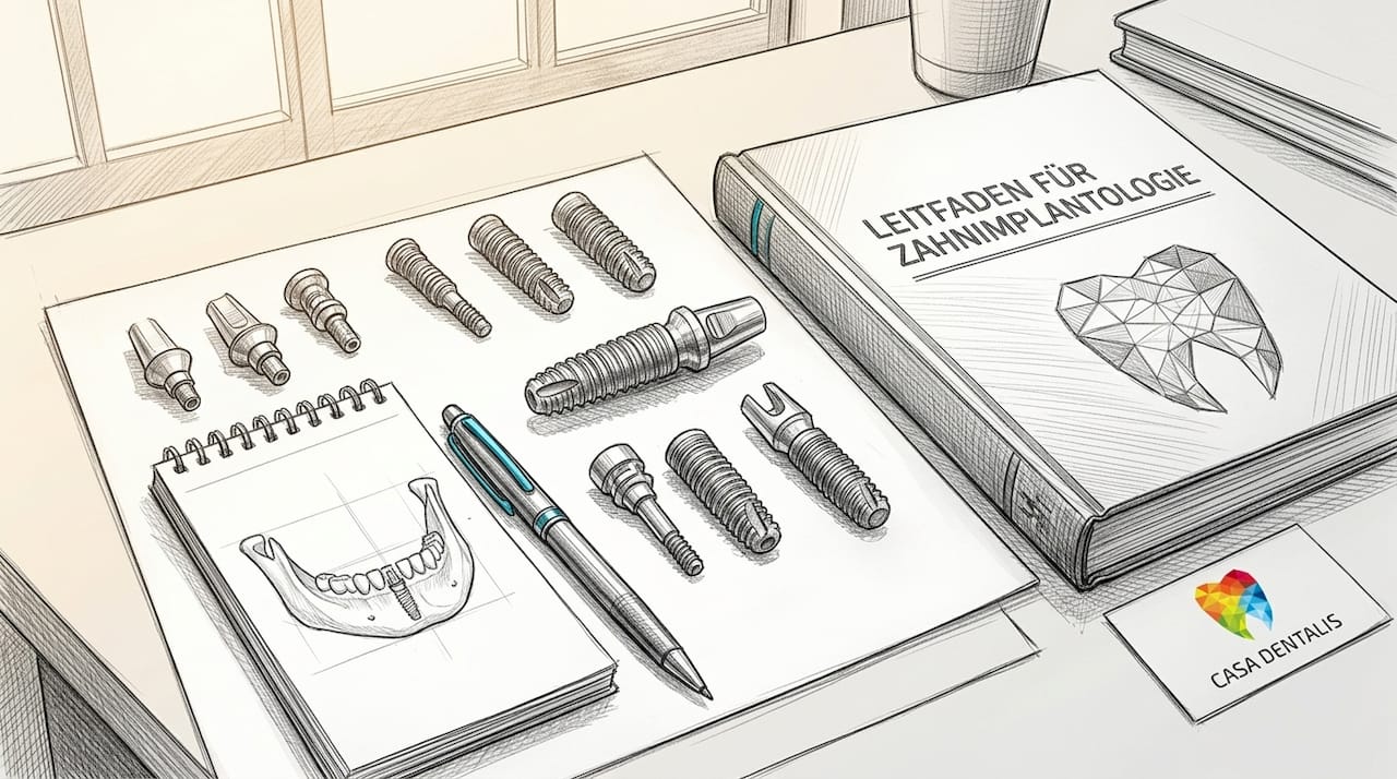 Ein typischer Arbeitsplatz in einer Zahnarztpraxis – ausgestattet mit Implantatmodellen und verschiedenen Fachunterlagen.