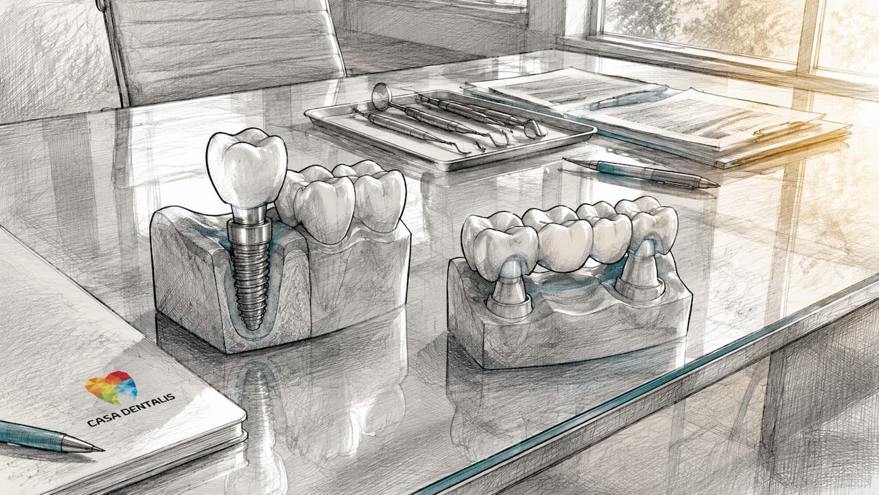 Auf dem Schreibtisch liegen Zahnmodelle, die anschaulich den Unterschied zwischen Implantaten und Brücken zeigen.