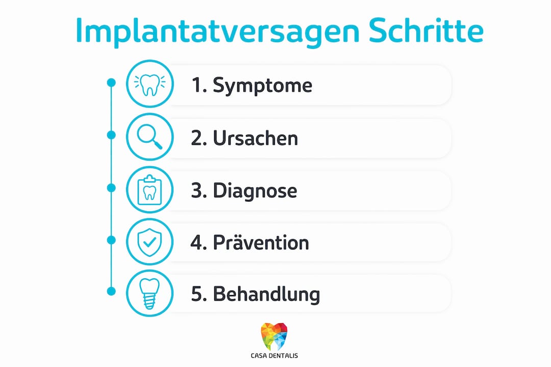 Die Infografik veranschaulicht anschaulich, wie man Schritt für Schritt bei einem Implantatversagen vorgeht.