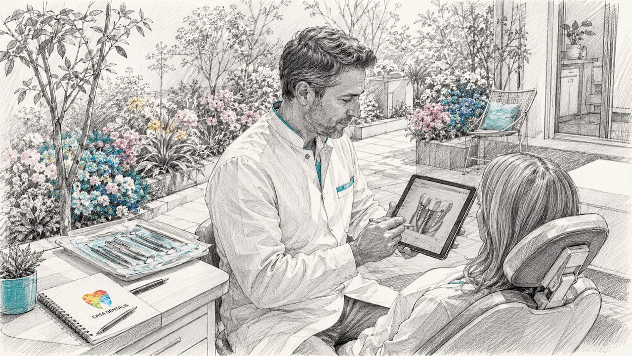 Der Zahnarzt überprüft die Implantatdiagnose direkt auf seinem Tablet.